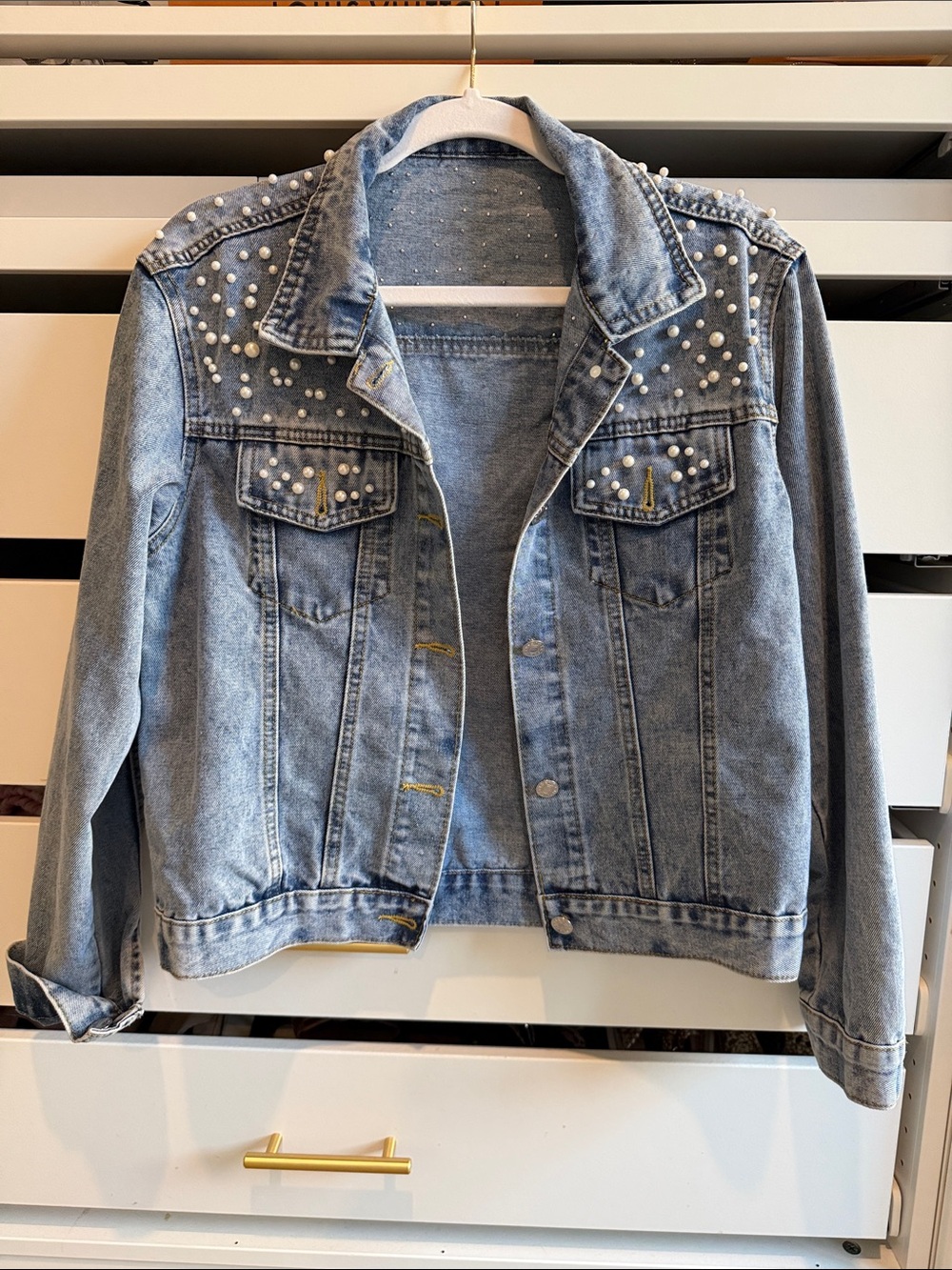 Women's Light Blue Denim Jacket with Pearl Embellishments